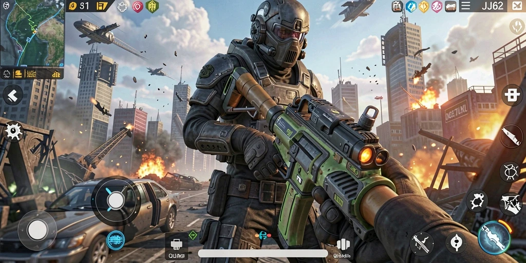 Tampilan penuh aksi gameplay dalam JJ62, menampilkan pertempuran seru.