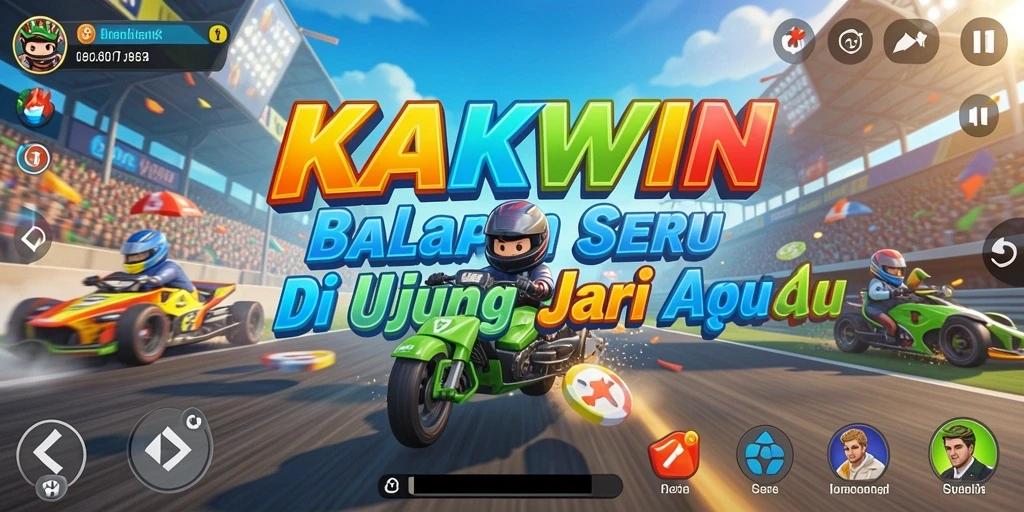 Screenshot utama KAKWIN yang menampilkan balapan seru di trek yang menantang.