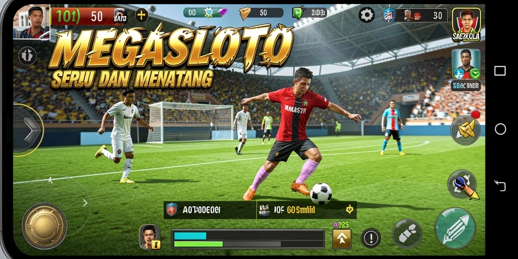 Screenshot gameplay MEGASLOTO yang menarik dengan aksi sepak bola seru.