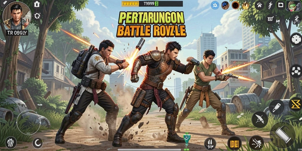 Tampilan gameplay utama T9999 yang penuh aksi Battle Royale.