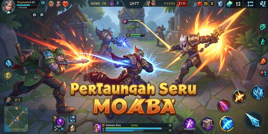 Tangkapan layar utama UH77 menampilkan aksi seru dan strategi pertempuran MOBA.